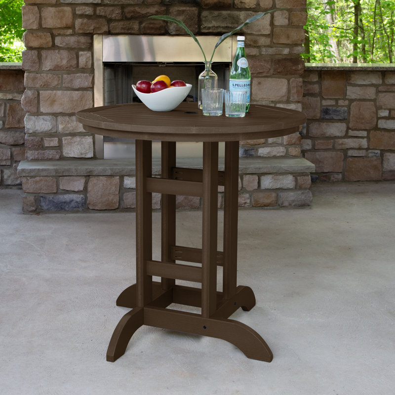 Tion Round Outdoor Dining Table with Umbrella Hole in Counter Height (36"), Weathered Acorn, 36" H x 36" L x 36" W
