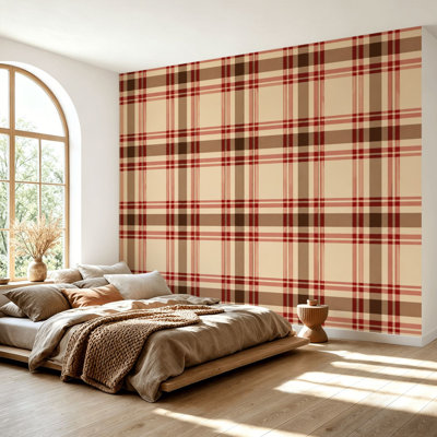 Papier peint adhésif peler et coller beige, tartan à carreaux rouges, accents rouges, papier autocollant amovible, décoration murale pour salon, chambre à coucher H 100 po x l 144 po