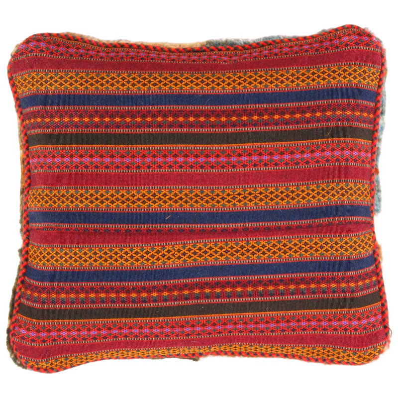 Oreiller fin persan noué à la main Gabbeh, Beige / brun / bleu / vert, H 14 po x l 14 po