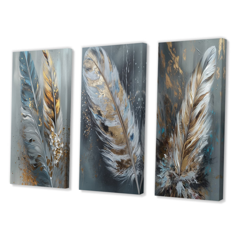 3 pièces sur toile - plumes d'or Wanderlust, Toile tendue, H 40 po x l 60 po