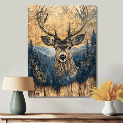 Portrait de cerf avec paysage à l'encre de chine - reproduction d'art moderne en métal, art mural en métal cerf