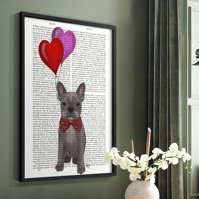 Bouledogue français et ballons français, reproduction encadrée, Cadre simple noir, H 20 po x l 16 po