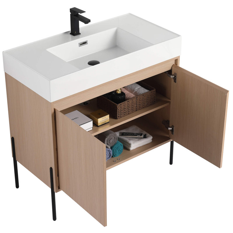 FINE FIXTURES Crownpoint 36" Floor-Standing Bathroom Vanity with White Sink in White Oak, White, White Oak