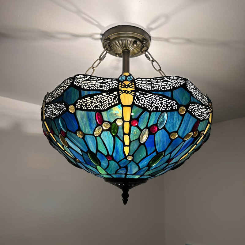 Plafonnier Tiffany en verre coloré bleu vert avec ampoules DEL incluses l 16 po x P 16 po x H 16 po