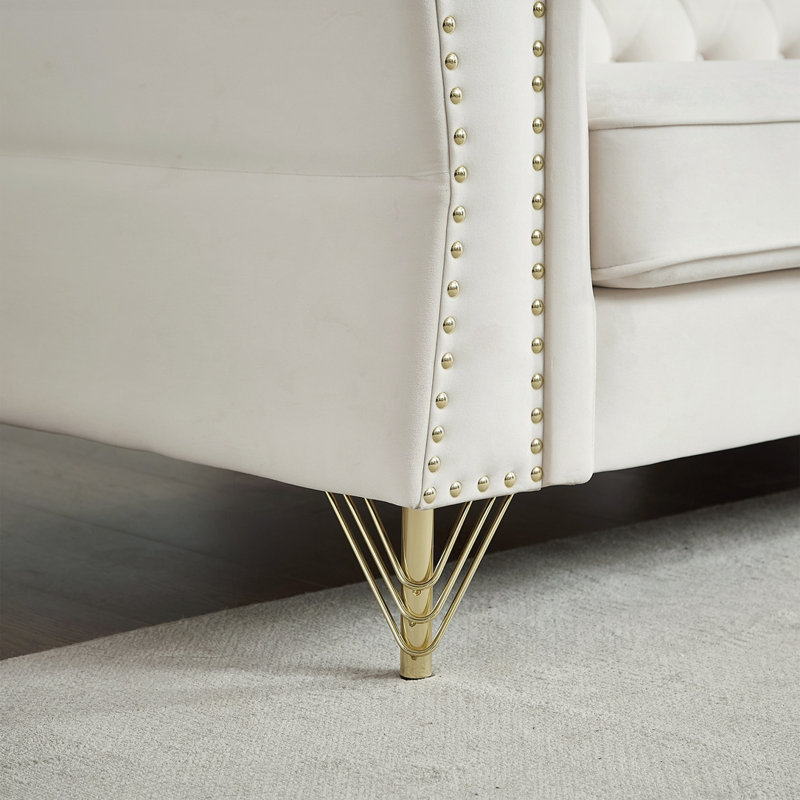 Canapé en velours capitonné, Beige, H 29,5 po x l 81,8 po x P 31,8 po