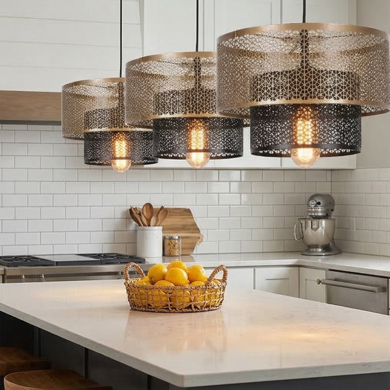 Aurelia 1-Light Two-Tier Geometric Mesh Pendant, Bronze/Gold
