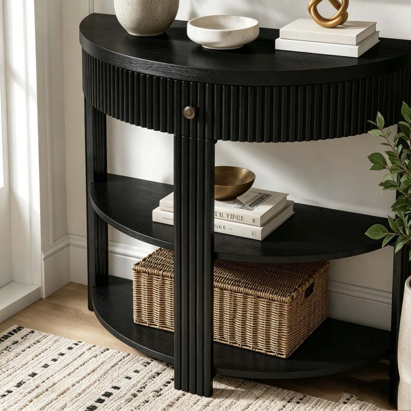 Console demi-lune cannelée avec tiroir et tablettes, Noir