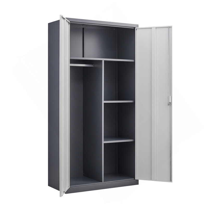 Gray Metal Large-Capacity Wardrobe With Hanging Rod And Compartments, Lockable Closet With Locks & Keys, Steel Construction, Waterproof & Fireproof, Suitable For Bedroom, Living Room And Laundry Room.