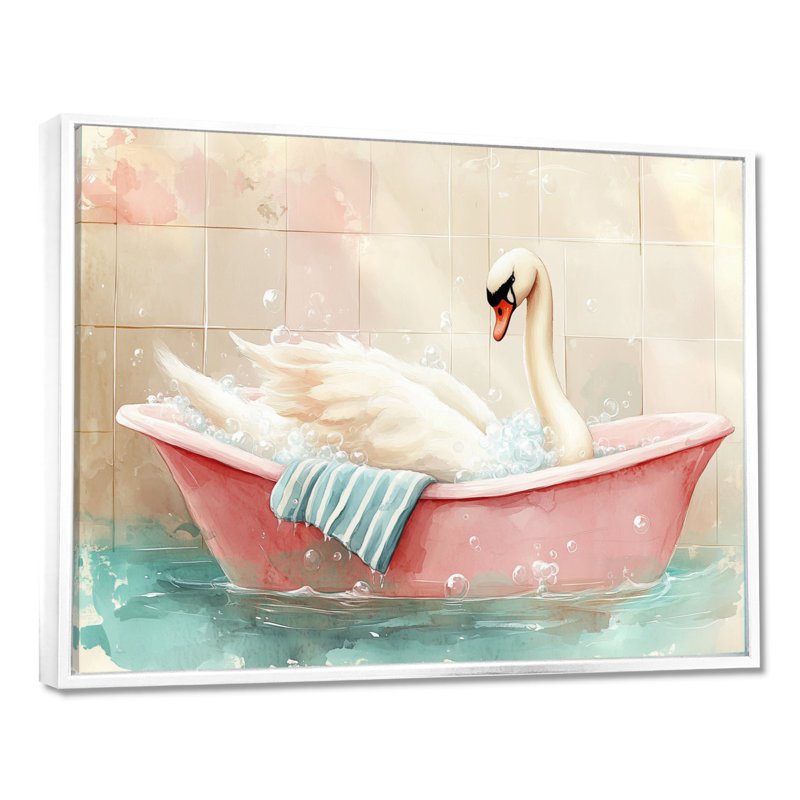 Bulles de bain rosées - Tableau encadré Cygne, H 30 po x l 40 po, Cadre flottant blanc