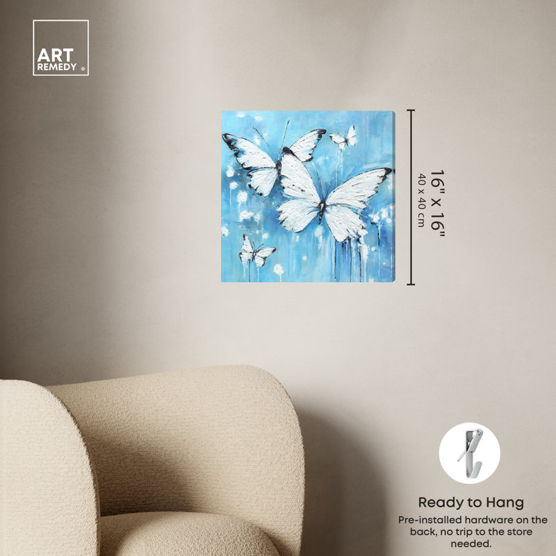 Textured Blue and White Butterflies 16" x 16" Wrapped Canvas Wall Art