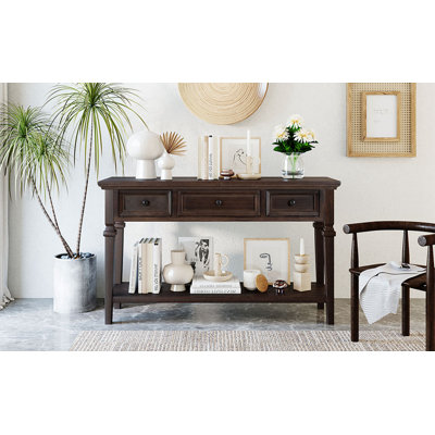 Console de style rétro classique avec trois tiroirs supérieurs et tablette inférieure ouverte