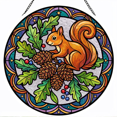 Squirrel Pinecone Stained Glass Window Panel，7.8H