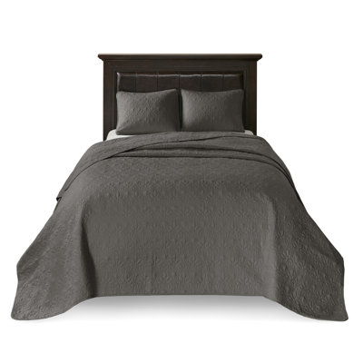 King Size Dark Grey Reversible Bedspread - With Artistic Pattern Pre-Washed Cotton Filling For Comfort Oversized To Cover High Depth Mattress Flawlessly Includes And 2 Shams Machine Washable Bedding