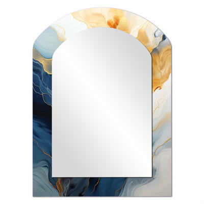 Sun Rays Ocean Blue White Gold IV - Marble Asymmetrical Large Wall Mirror, Blue Freeform Decorative Mirror, Printed Metal Art