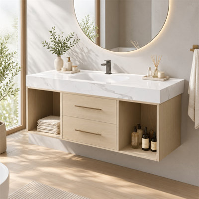 Meuble-lavabo suspendu de 100 cm (39,4 po), comptoir en pierre frittée et lavabo en céramique, 2 tiroirs à fermeture douce, rangement ouvert, meuble de salle de bain moderne