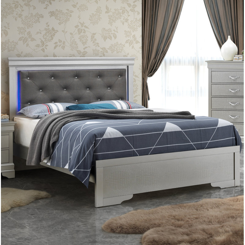 Vegan Leather Standard Bed, Silver Champagne, Queen