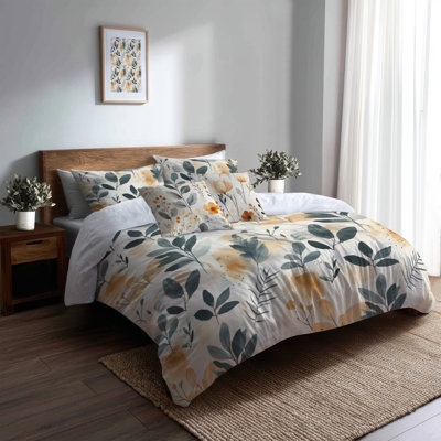 Floral Bedding Set 5 Pcs - Boho Botanical Sand Garden Duvet Cover And Throw Pillow Set