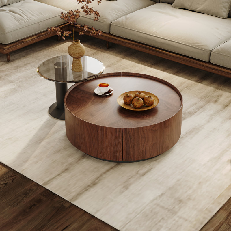 2-Piece Modern Round Nesting Coffee Table Set with 8mm Tempered Glass Top & Dual Storage Drawers - Space-Saving Walnut Wood Accent Tables for Living Room, Home Office