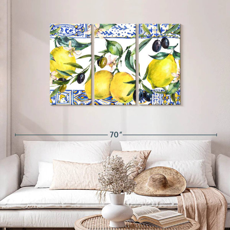 Ensemble de 3 citrons et olives sur toile, H 28 po x l 45 po x P 1,25 po