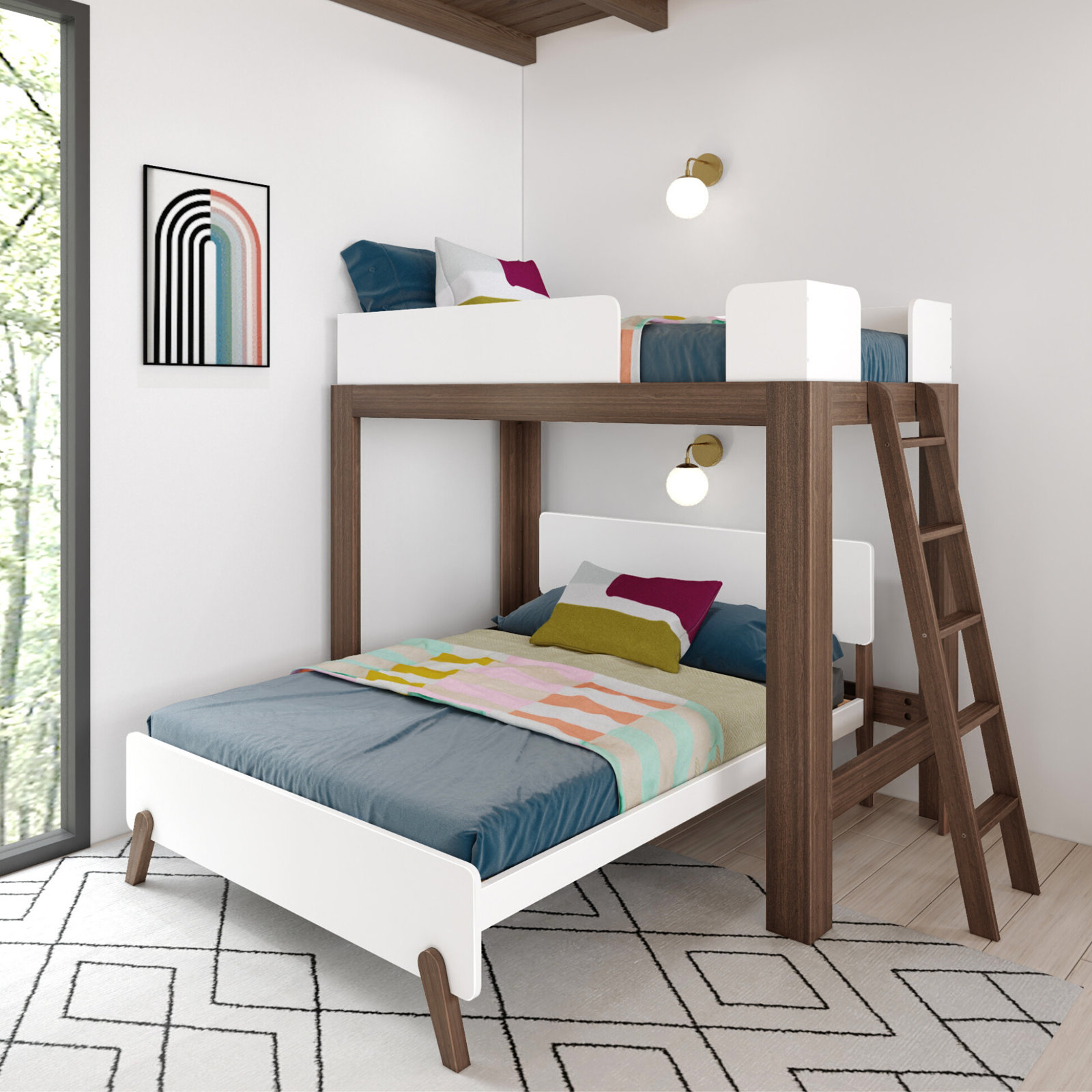 Ambur Solid Wood L-Shaped Bunk Beds by Isabelle & Max, Twin over Full, White/Walnut