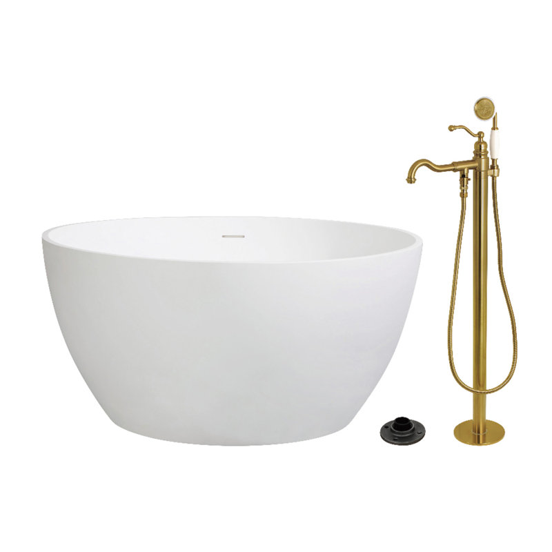 Kingston Arcticstone 45-Inch Solid Surface Round Double Ended Freestanding Tub With Faucet Combo And Drain, Brushed Brass