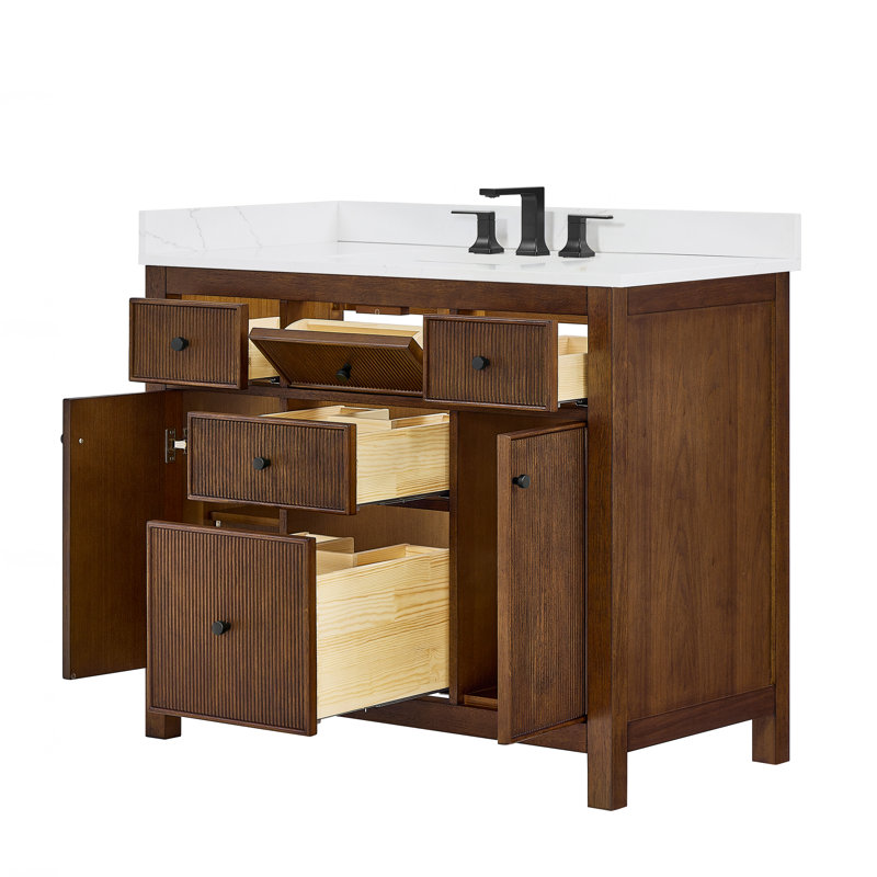 Meuble-lavabo simple 42 po Pendry en noyer foncé, comptoir en quartz Giotto, lavabo carré encastrable (3 trous), garniture noir mat