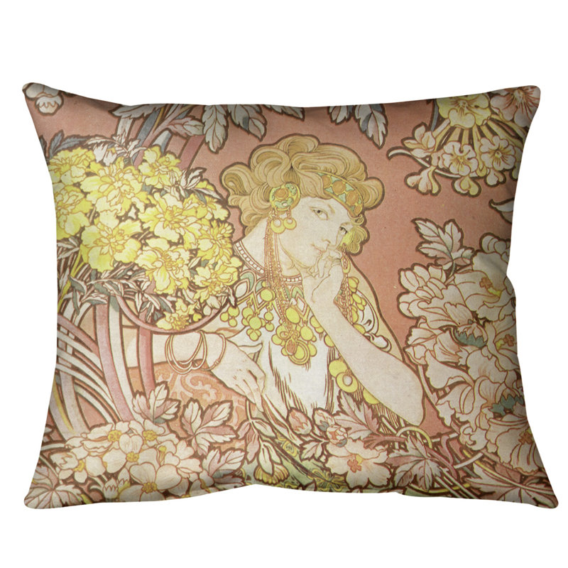 Coussin lombaire à fleurs alphonse mucha, 14 po x 10 po, Orange, Duvet synthétique