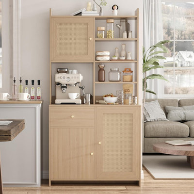 Garde-manger 71 po Farmhouse - Portes en rotin, support pour micro-ondes, tablettes réglables, buffet pour la cuisine