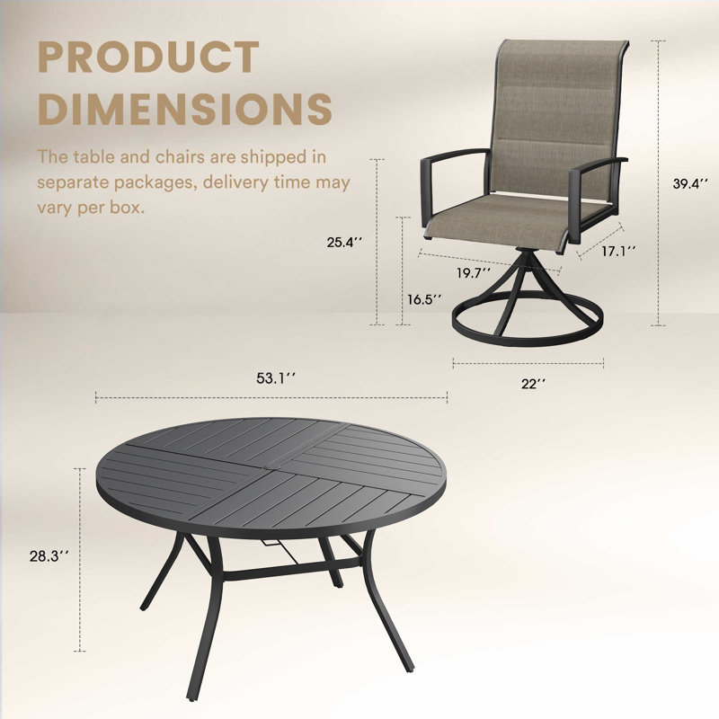 6-Person Outdoor Round Dining Set With Padded Swivel Chair, Black/Brown