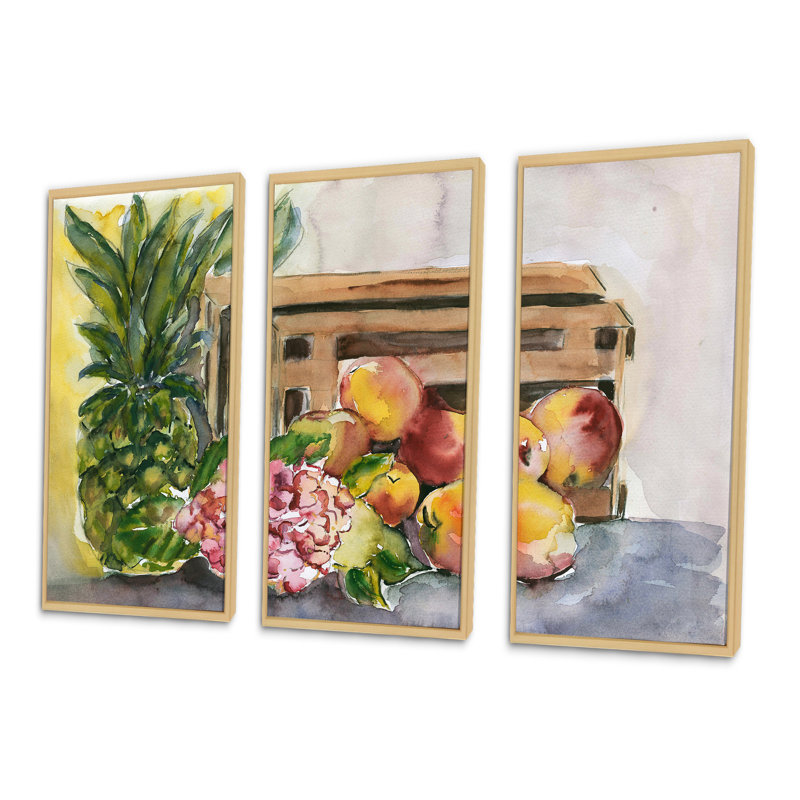 «Vintage Fruits V», peinture sur toile flottante 3 pièces, L 36 po x H 20 po, Cadre brun