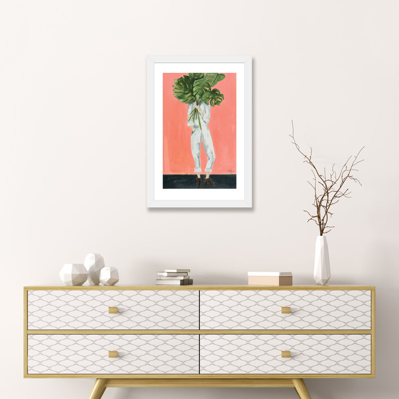 « monstera », peinture, H 24 po x l 16 po x P 1 po, Papier avec cadre blanc