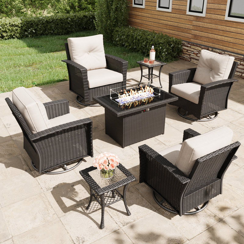 Lark Manor™ 7 Piece Wicker Patio Furniture Set with Fire Pit Table, Classis Outdoor Conversation 360 Degree Swivel Chairs Set with Coffee Table