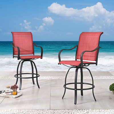 2-Piece Black Metal Outdoor Swivel Bar Stool Set with Red Textilene Sling Fabric