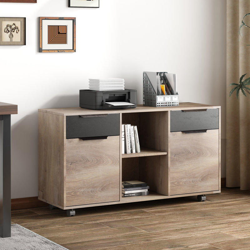 Shaped Executive Office Desk with 2 Drawers, Modern Home Office with File Cabinet, Business Furniture W/Stand Under Storage Organizer with 4 Wheels