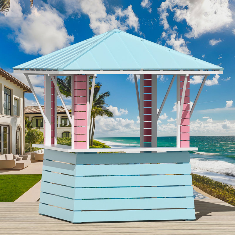 Hawaii 8'x8' Galvanized Steel Hardtop  Blue Pink Gazebo Pavilion with USB Charging Socket and BBQ Bar Table Shelf