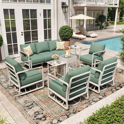 9 - Person Aluminum Patio Conversation Sets with Gilder&Swivel Chairs and Firepit