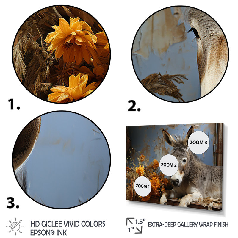 Farmhouse Donkeys Flower Charm I - âne, art mural, Cadre flottant doré, L 16 po x H 32 po x P 1 po