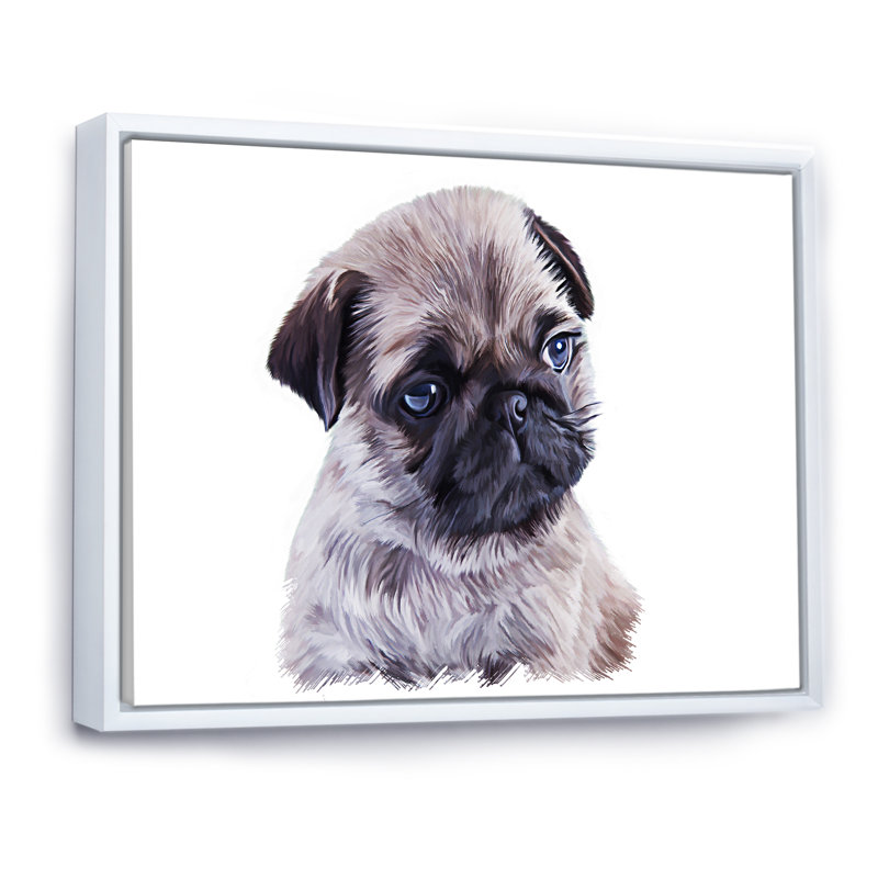Portrait de chiot carlin - reproduction sur toile, H 12 po x l 20 po x P 1 po, Toile avec cadre flottant blanc