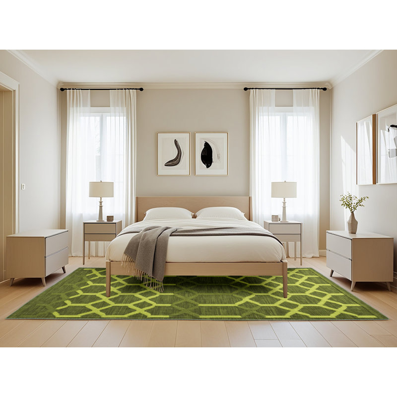 Machine Washable Trellis Green Area Rug, Rectangle 5' x 8'