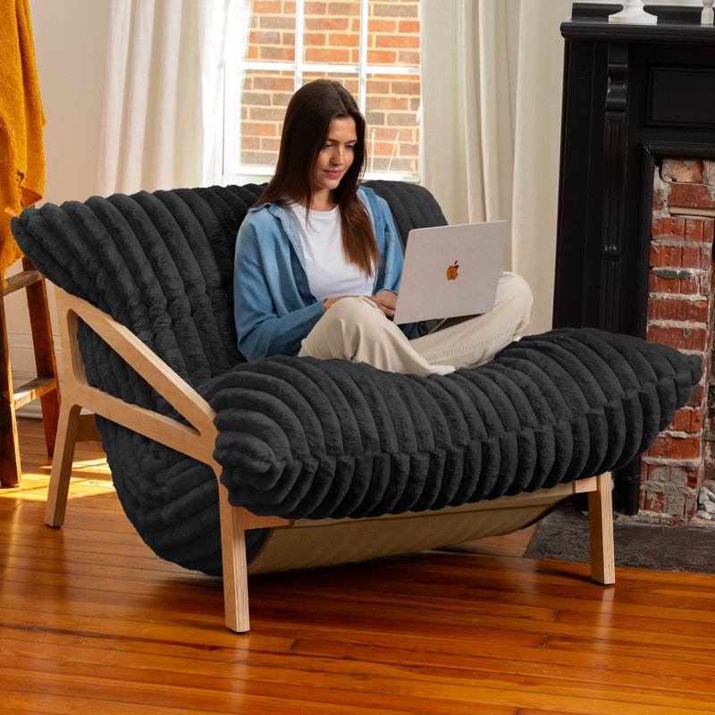 Pillow Saxx Dream Lounger With Wood Frame - 3-In-1 Bean Bag Accent Chair, Recliner & Sleeper Mondo Fur Black, Black