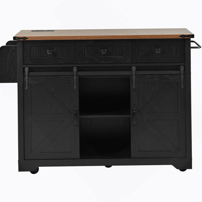 Farmhouse Kitchen Island With Drop Leaf, Power Outlets, Sliding Barn Doors, Rolling Wheels, And Ample Storage For Versatile Cooking And Dining Spaces.