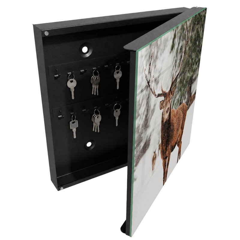 Key box for home, Opens to the right, 30x30x5, White, Deer in a winter-snow landscape, 