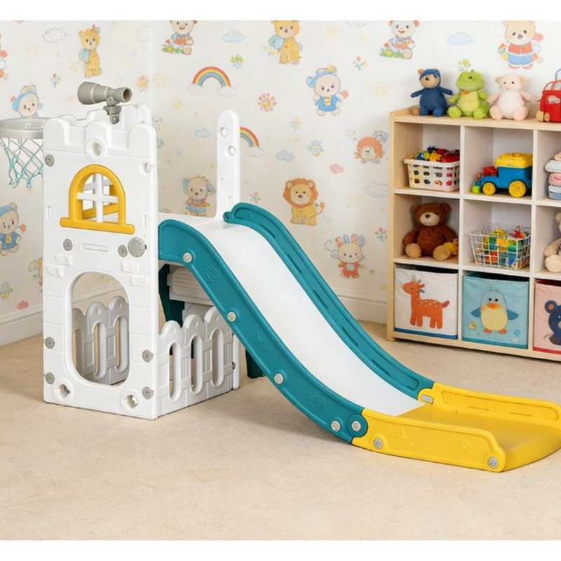 Toboggan avec jeu d'intérieur 5 en 1: toboggan, cerceau, rangement, télescope et escalade, 3 ans, polypropylène, design blanc-jaune, télescope, jeu, etc.