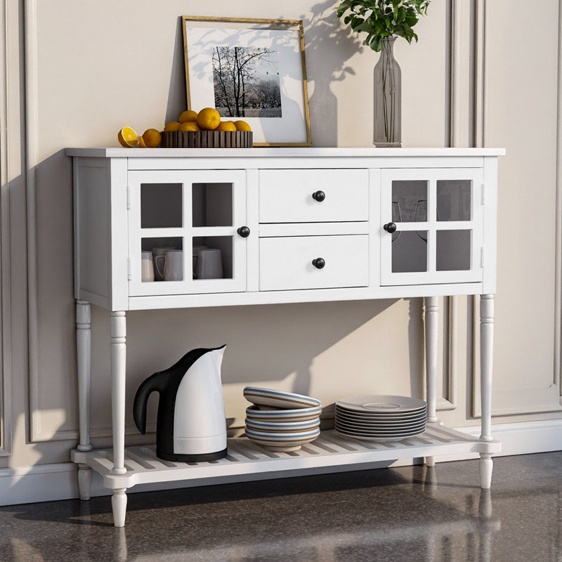 Console avec buffet et tablette inférieure, armoire de rangement en bois / verre Farmhouse (blanc), Blanc