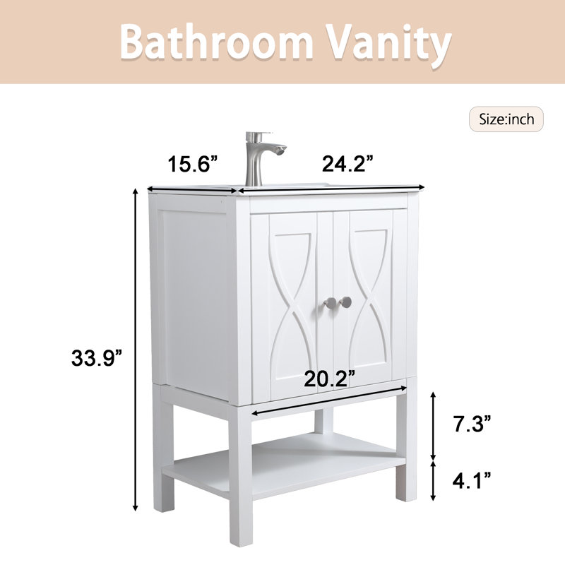 24" White  Freestanding Bathroom Vanity with Soft-Close Door