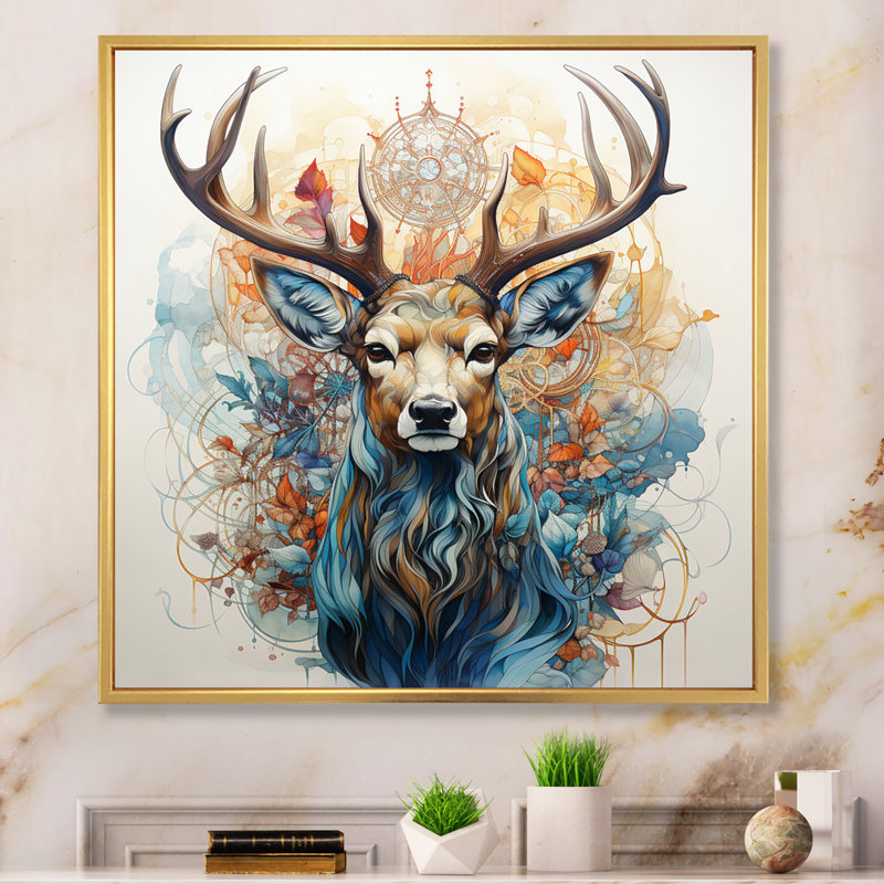 «Deer Abstracted Antler - Deer», reproduction d'art sur toile encadrée, H 36 po x l 36 po x P 1,5 po, Cadre flottant doré