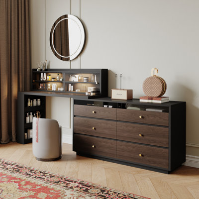 Meuble-lavabo de maquillage moderne extensible de 47,2 à 90 po avec commode en L à 6 tiroirs, huche en verre et rangement latéral