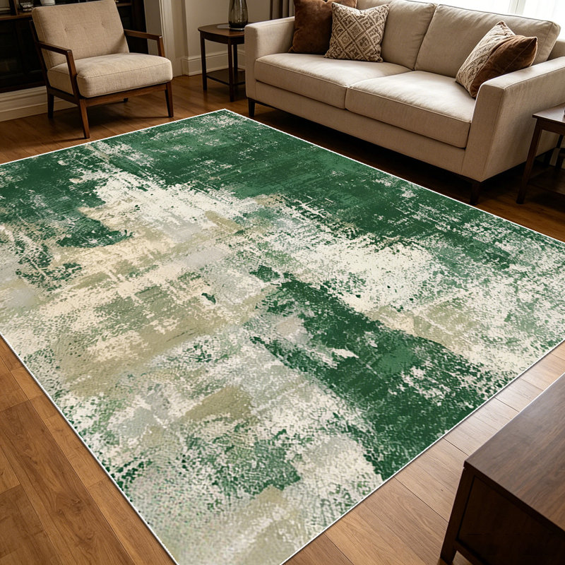 1PC Distressed Abstract Forest Green & Cream Watercolor area rugs for Living Room, Soft and Comfortable, Suitable for all seasons, easy-to-maintain, machine washable Indoor floor mat, Under Table Farmhouse suitable for dining room, bedroom, home