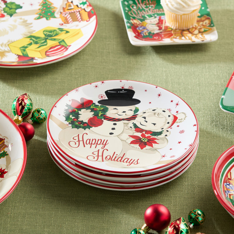 Santa’s Retro Christmas Dessert Plates – Set of 4 Assorted Holiday Plates with Santa, Reindeer & Snowman Art, ceramic, Festive Vintage Tableware for Christmas