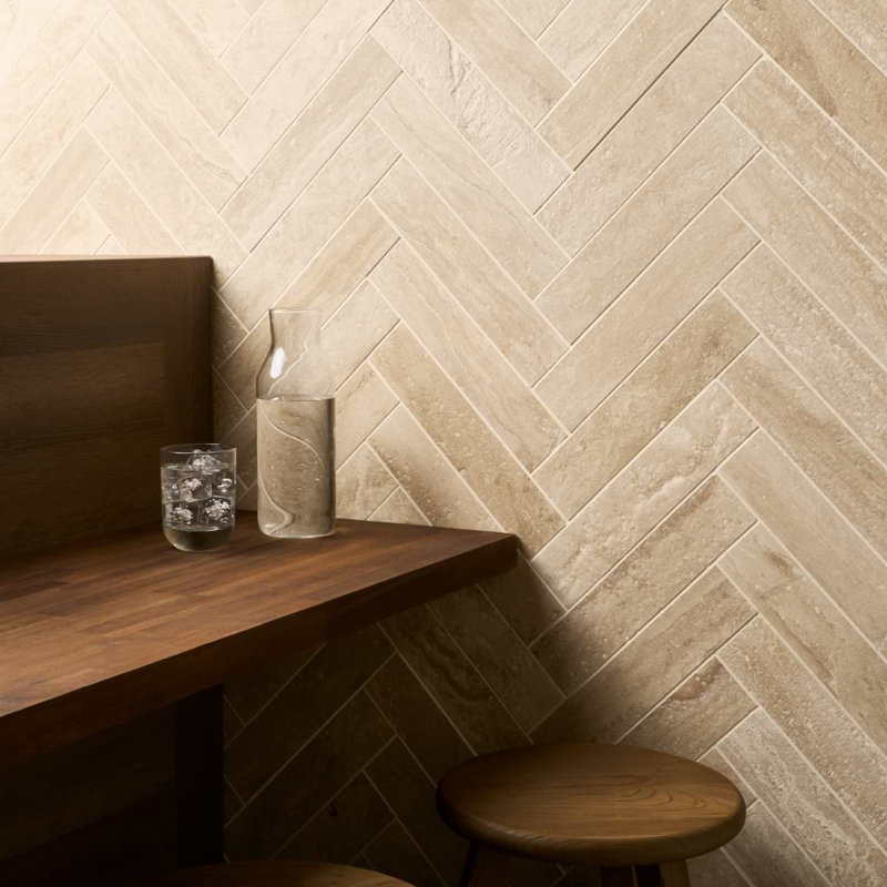 Travertine 2.5x12 Filled Brushed Vein Cut Tile, Ivory Brushed